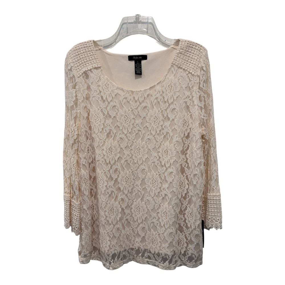 Style Co Top Large Lace Tunic Cream Crochet Trim Lined Art of Contrast Romantic
